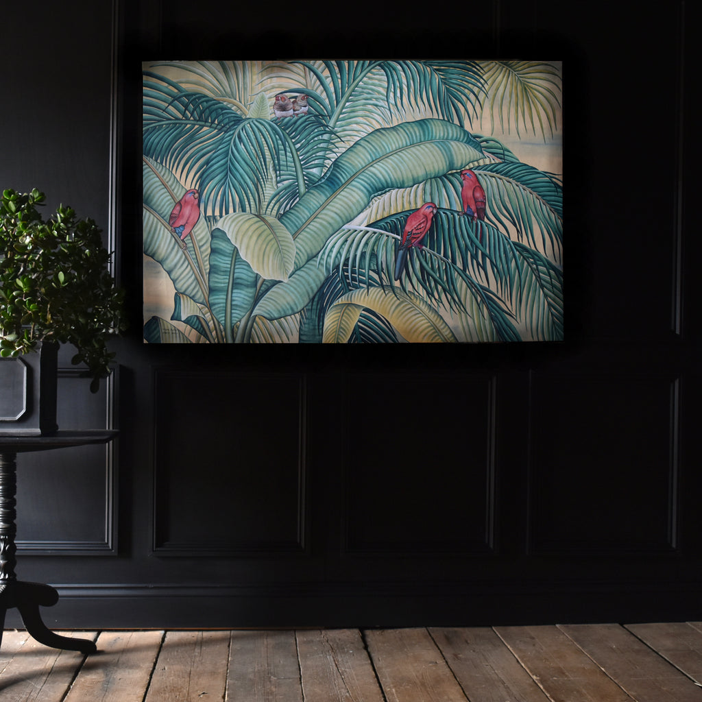 Large scale Balinese Botanical Painting of Parrots and finches. Circa 1970 'RESERVED'