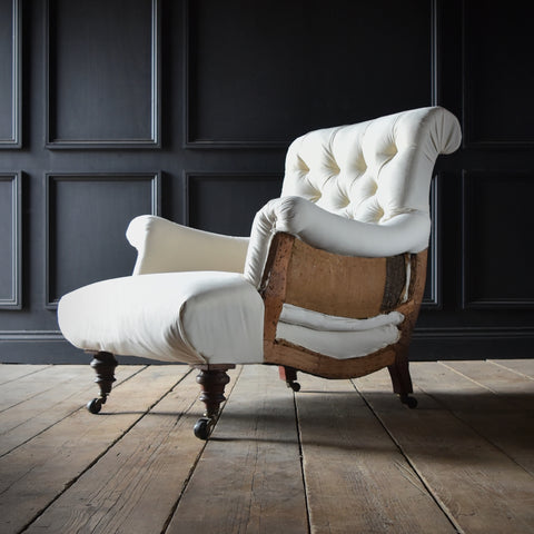 English 19th Century Deep Seated Button Back Armchair. Inclusive of Upholstery