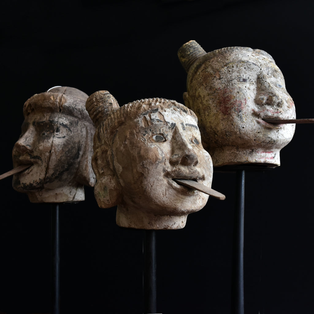 19th Century Burmese Carved Puppet Heads on Stands.