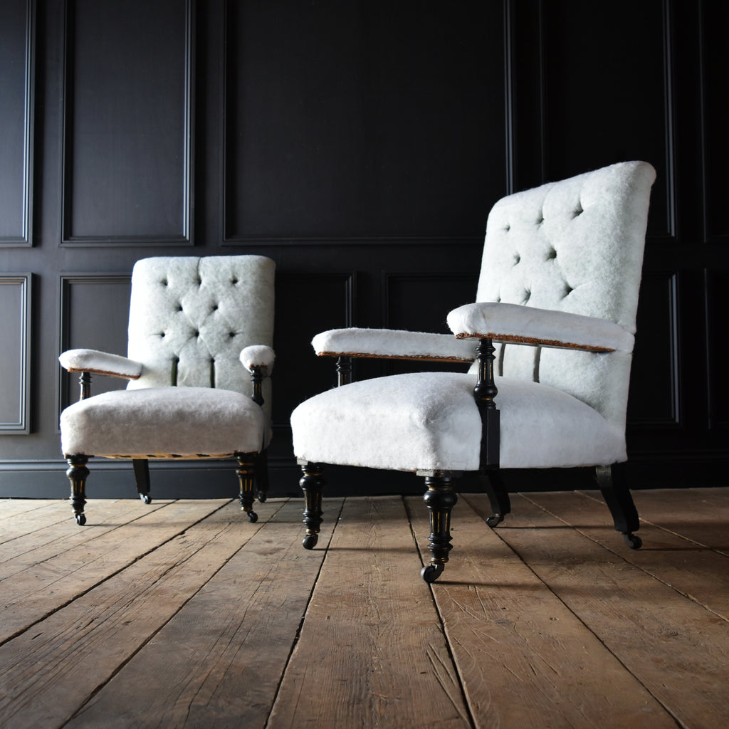 Pair of English 19th Century Ebonised Open Armchairs. Inclusive of Upholstery. *RESERVED*