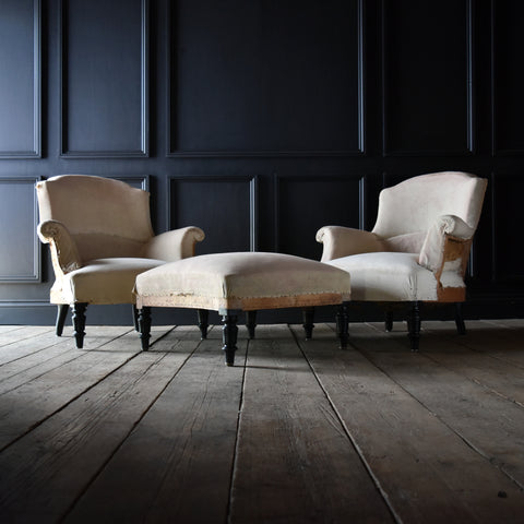 Pair of 19th Century Napoleon III Armchairs and Fitted Stool, Duchess Suite. Inclusive of Upholstery
