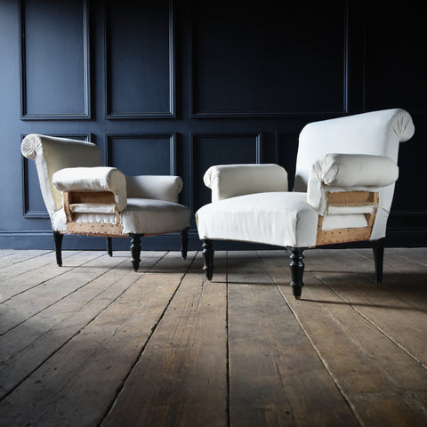 Pair of Scarce Napoleon III Pillow Arm Scroll Back Armchairs. France, 19th Century.