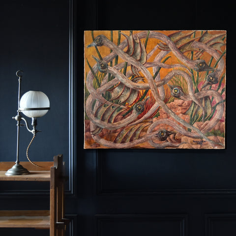 Surrealist Oil on Canvas Painting of Serpents.