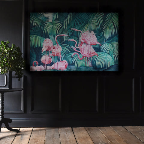 Large Scale Balinese Botanical Painting of Flamingos.  Circa 1970