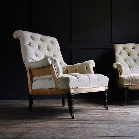 Excellent Pair of Napoleon III Fully buttoned Scrolled Back Armchairs. Upholstery Inclusive.