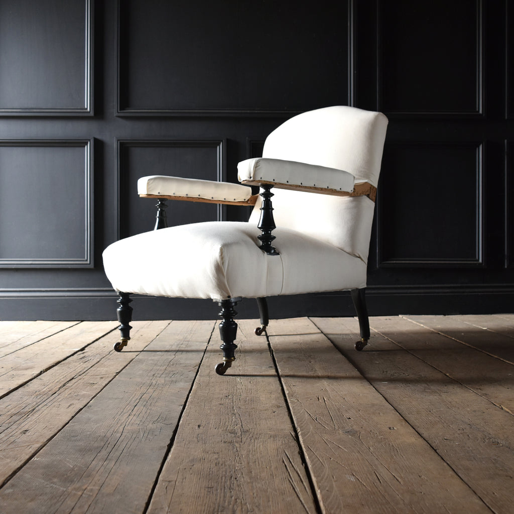 19th Century English Ebonised Library Armchair. Upholstery Inclusive.