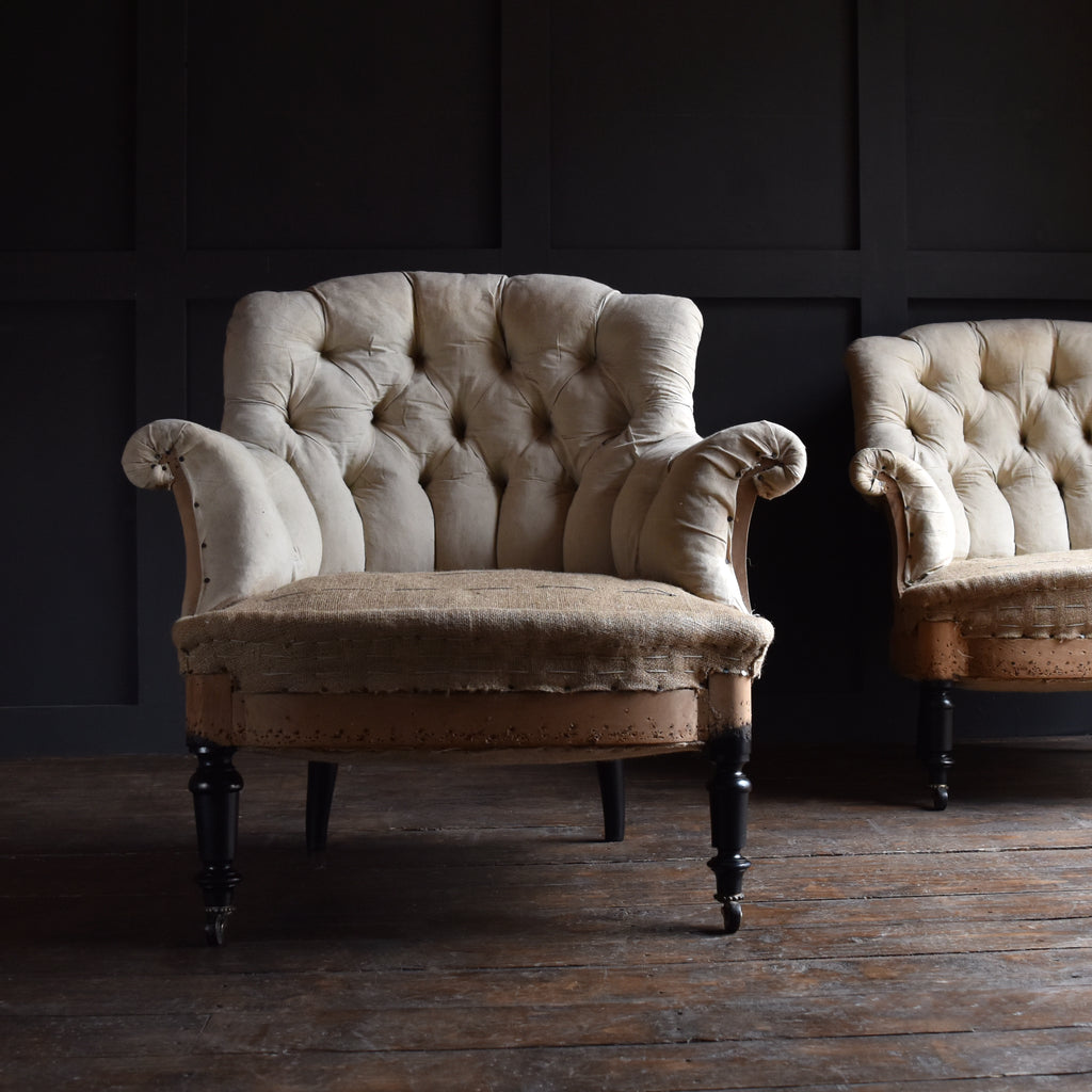 Pair of French 19th Century Ebonised Armchairs. Upholstery Inclusive.