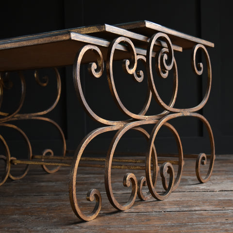 Nest of French Mid-Century Gilded Iron Mirrored Top Tables.
