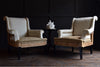 Pair of French Ebonised Scroll Back armchairs. Upholstery Inclusive.
