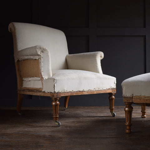 Napoleon III French Scroll Back Armchair with Matching Footstool. Upholstery Inclusive.