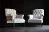 Pair of French Fruitwood Button back Armchairs. Upholstery Inclusive.