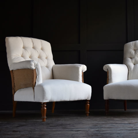Pair of French Fruitwood Button back Armchairs. Upholstery Inclusive.