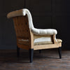 Pair of French Ebonised Scroll Back armchairs. Upholstery Inclusive.