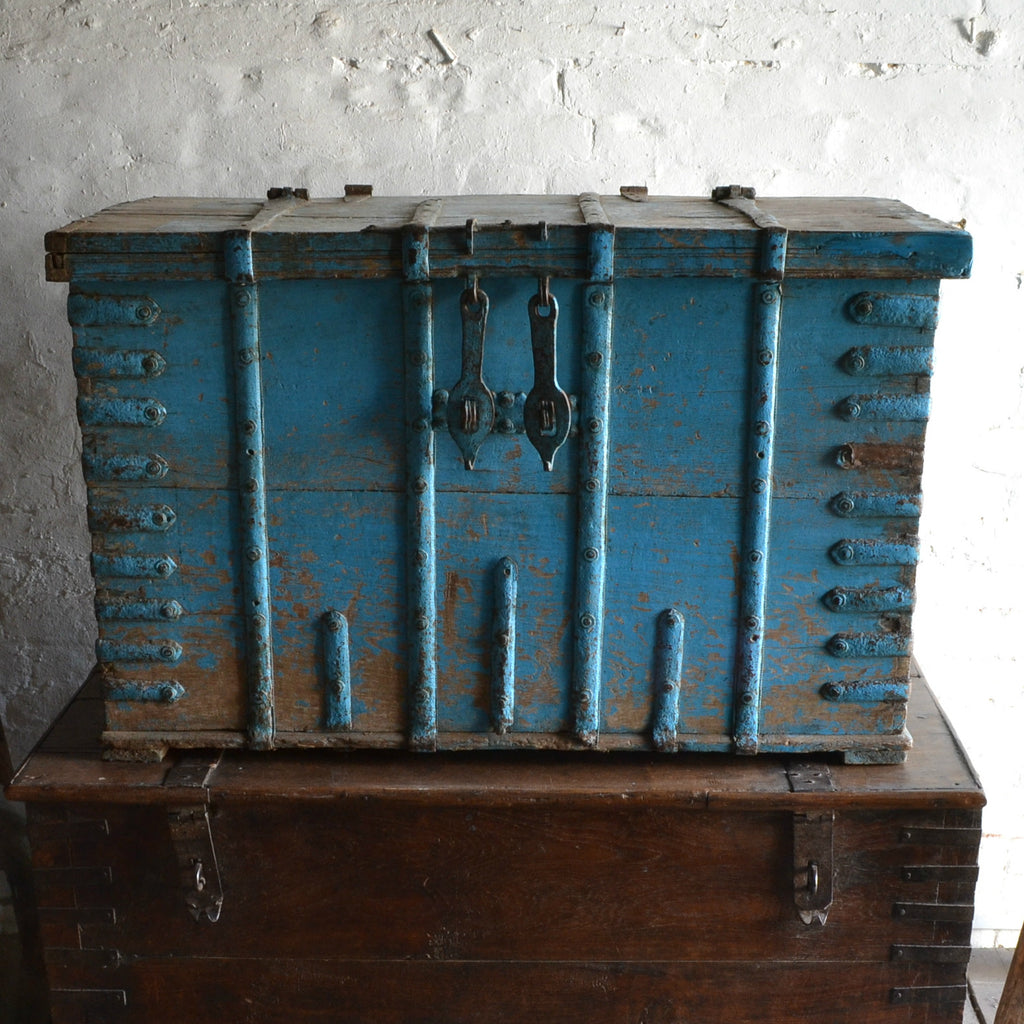18th Century Iron Bound Blue painted chest 'SOLD'