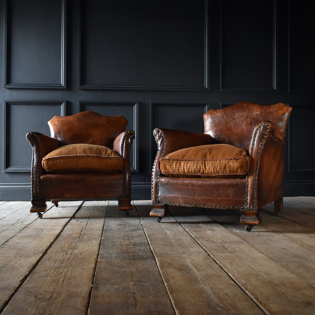 Pair Of French Deco Moustache Back Leather Armchairs.