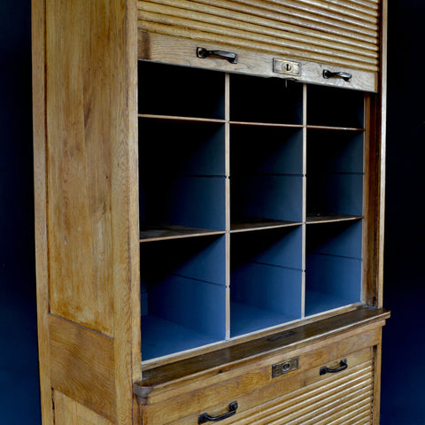 English Edwardian Oak Pigeon Hole Tambour Cabinet. "SOLD"