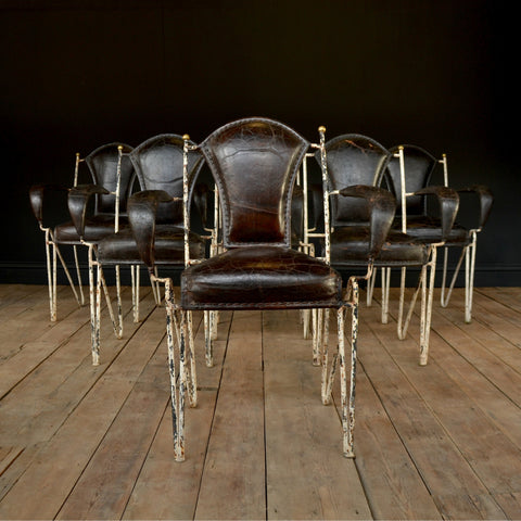 A Set of Six Excellent 1940's Italian Iron and Leather Stacking Arm Chairs