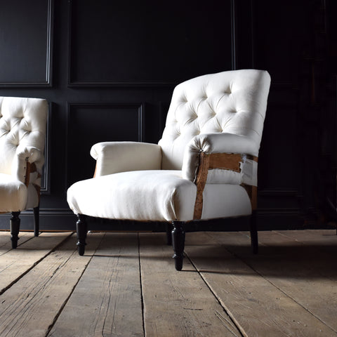 Pair Napoleon III Ebonised Button Back Armchair, Upholstery inclusive