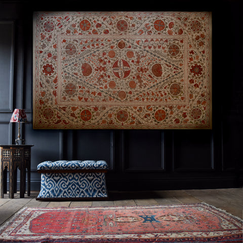 Mounted Hand Embroidered Pomegranate Uzbek Suzani.