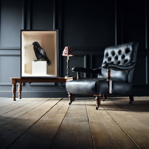 Smart 19th Century English Black Leather Library Armchair.