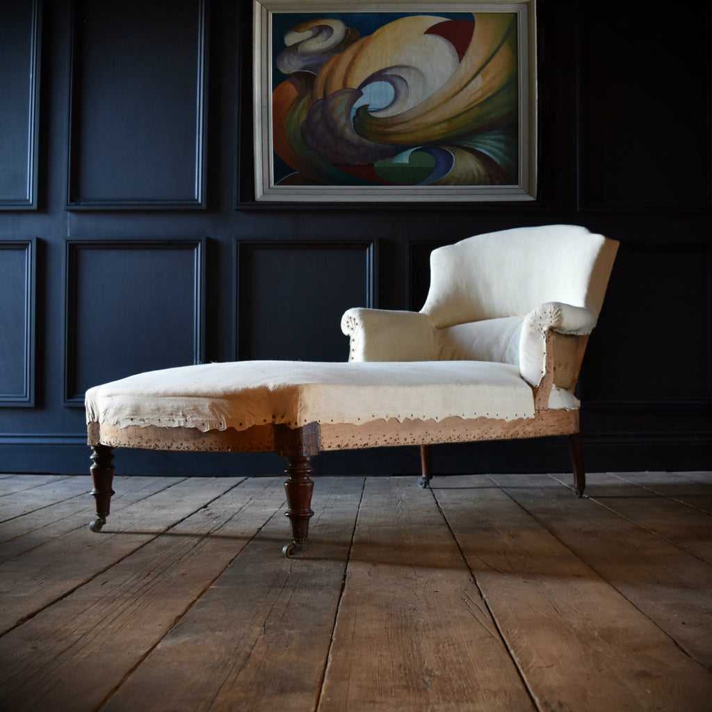 19th Century Scroll Arm French Chaise Longue. Upholstery inclusive.