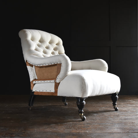 A Good 19th Century English Ebonised Button Back Armchair. Upholstery Inclusive