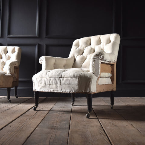 Excellent Pair of Napoleon III Fully Buttoned Ebonised Armchairs. Upholstery Inclusive.