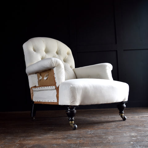 A Good 19th Century English Country House Ebonised Armchair. Upholstery Inclusive.