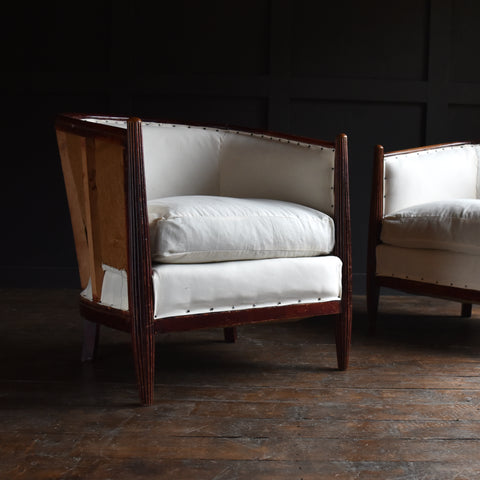 Pair of French Red Lacquer Deco Tub Chairs. Upholstery Inclusive.