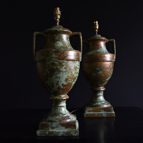 Pair of Large Oxidised Ceramic Urn Table Lamps, Circa 1930's