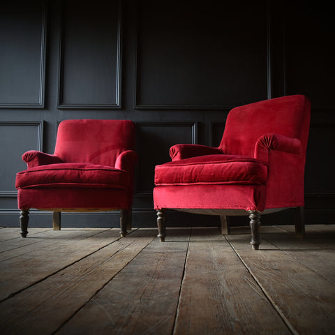 Pair of French Square Back Ebonsised Armchairs. Upholstery Inclusive..