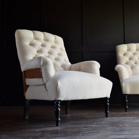 Pair of Napoleon III Ebonised Button Back Armchairs. Upholstery Inclusive.