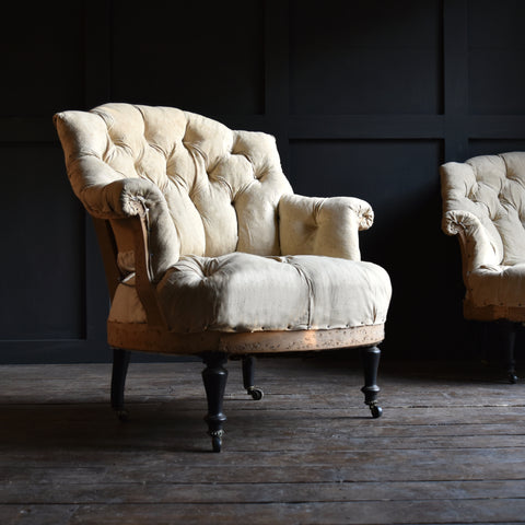 Pair of 19th Century Napoleon III Buttoned Tub Armchairs, Upholstery Inclusive.