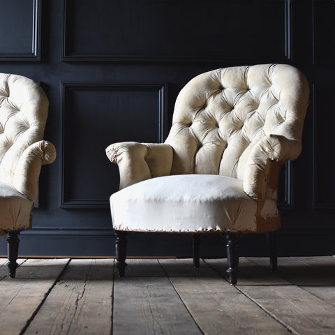 Pair of French Napoleon III Button Back Armchairs, Upholstery Inclusive.