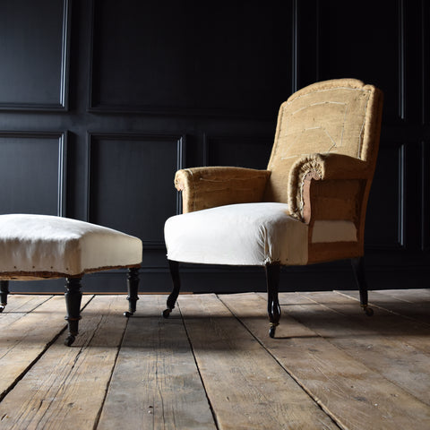 French Naploleon III Armchair with Fitting Footstool.  Upholstery Inclusive
