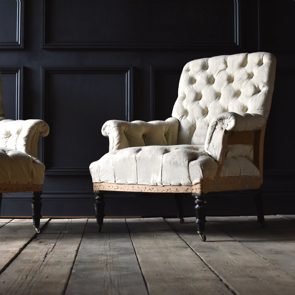 Pair of Napoleon III Fully Buttoned Ebonised Armchairs. Upholstery Inclusive.