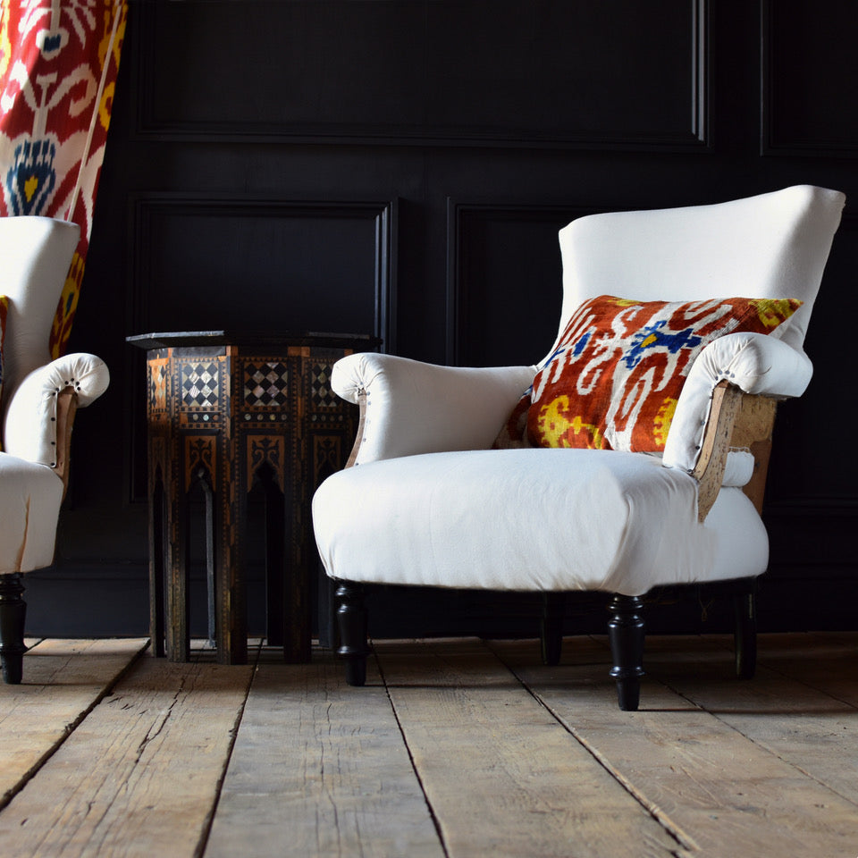 Shapely Pair of French Ebonised Armchairs. Circa 1900. Upholstery inclusive.
