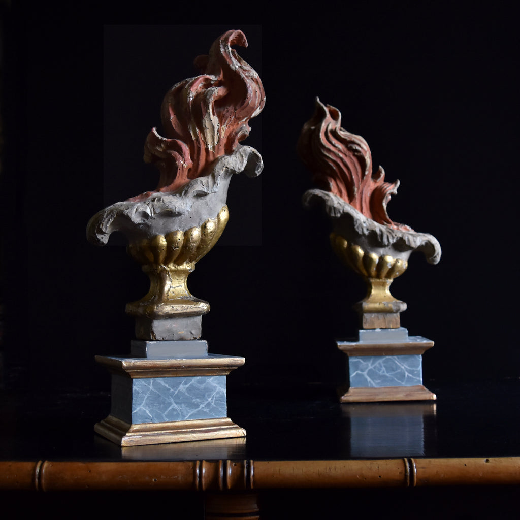 Pair of Rare 18th Century Baroque Carved Wood Flames.