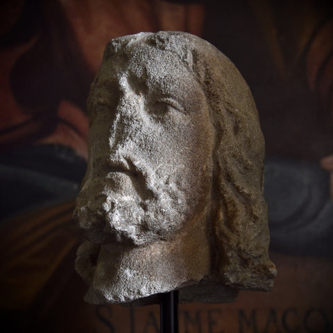 An Interesting Medieval Carved Stone Head. 14th-15th century.