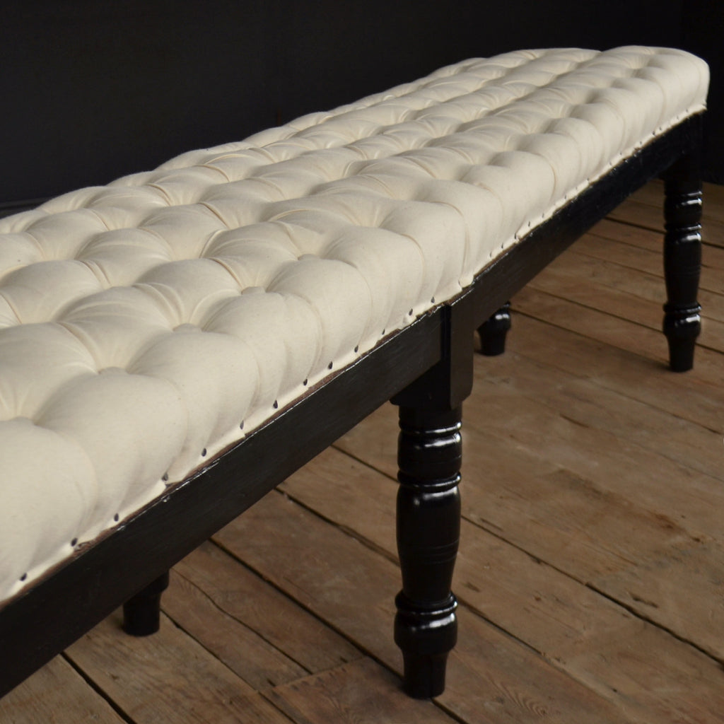 Ebonised Button Top Long Bench by Howard & Sons. Including Upholstery.