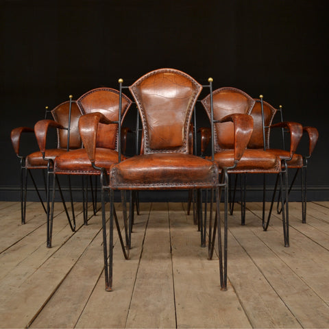 A Set of Six Excellent Mid Century Italian Iron and Leather Stacking Arm Chairs.