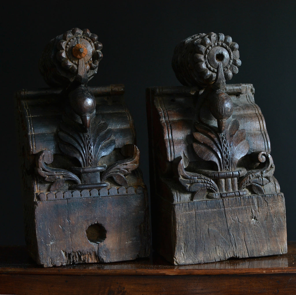 A Pair Of Fine 18th Century Architectural Carved Hardwood Peacock Corbels