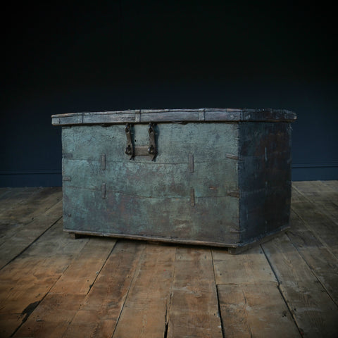 A Large 18th Century Teak Iron Bound Green Painted Chest